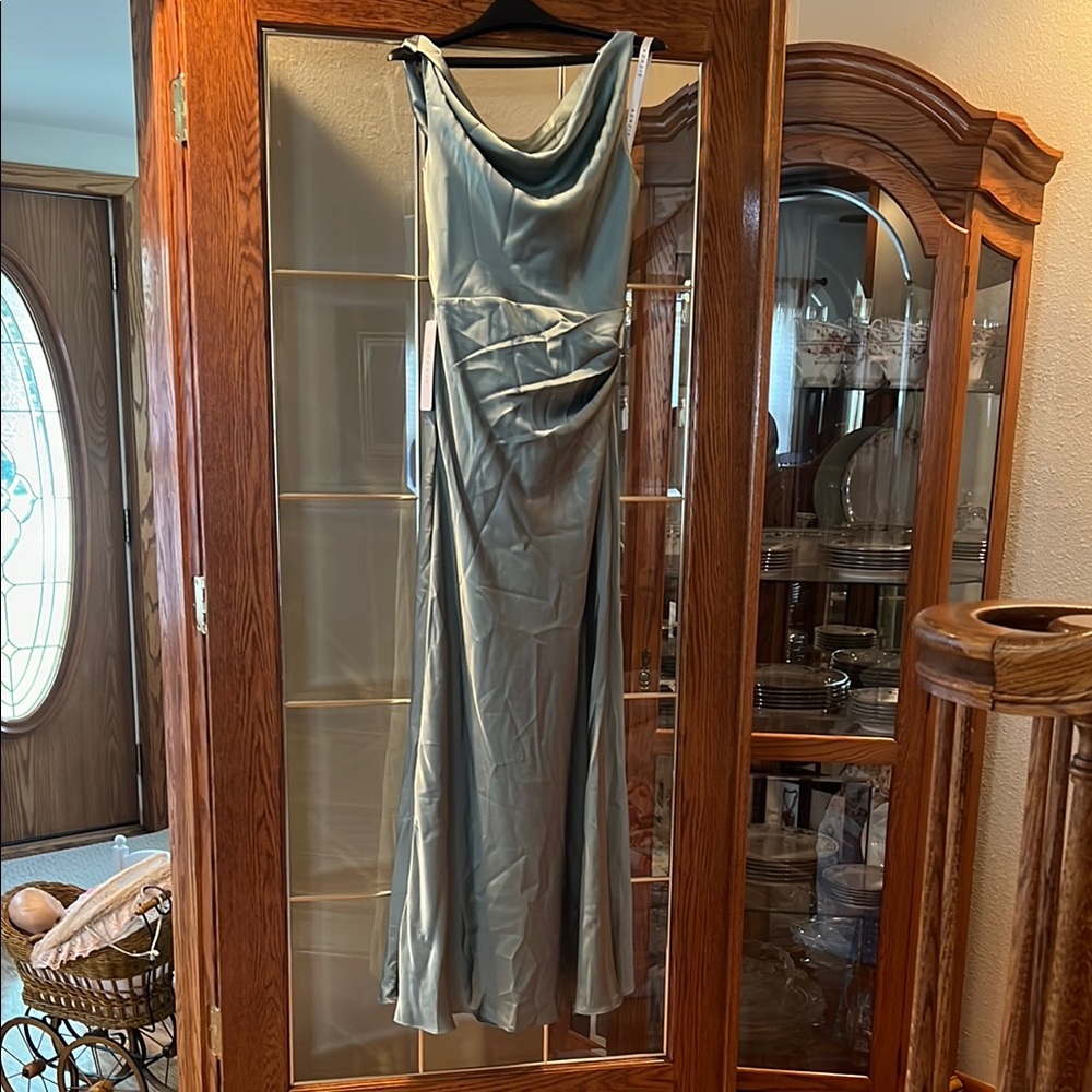 Satin Cowl Neck Evening Gown in Sage Green